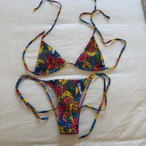 Colorful Patterned Smocked Tie Bikini Set